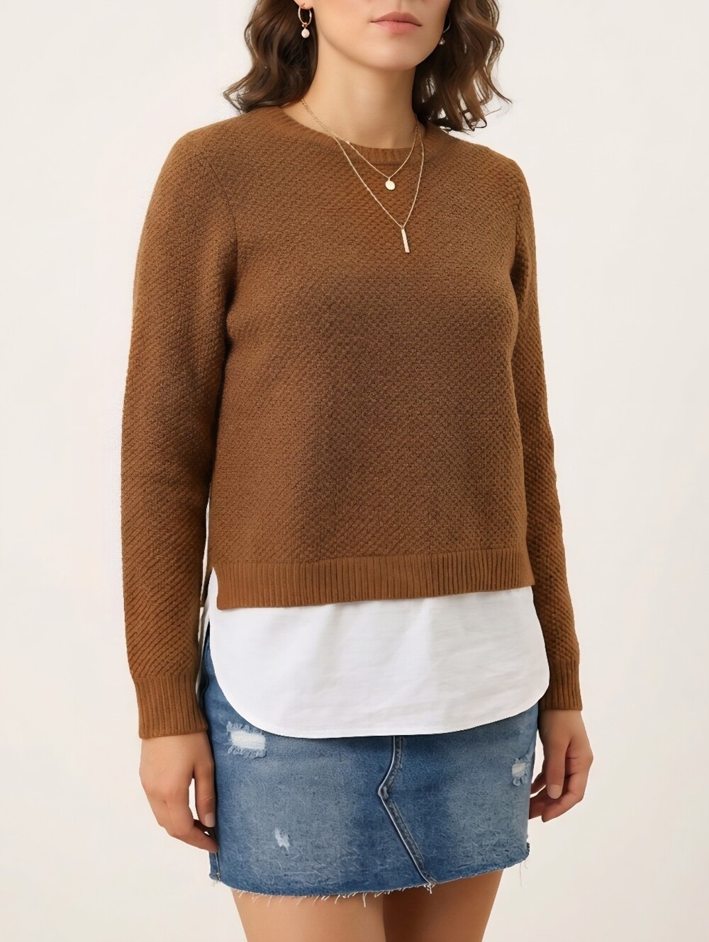 XS J.Crew 100% Wool Women's Brown Crewneck Textured Knit Pullover Sweater